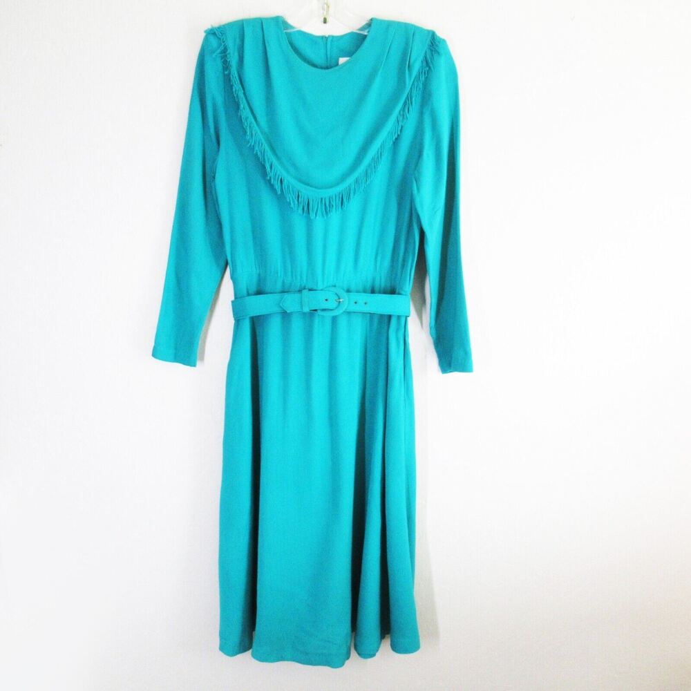 Vtg 80s Anna Michele Dress Women 8 Teal Long Sleeve Fringe Bib Zip Belt Stretch